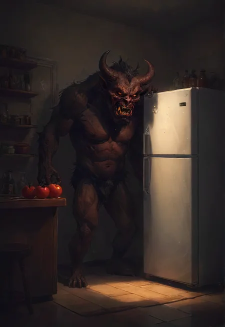 that damn demon is stealing the fridge again, dark, glowing, composition, shadows, global illumination, <lora:- SDXL - vanta-black_contrast_V3.0:0.8>  <lora:SDXL - Style - EldritchRomanceIllustration1.3.1:0.8> <lora:Cute_Drawing:0.4>