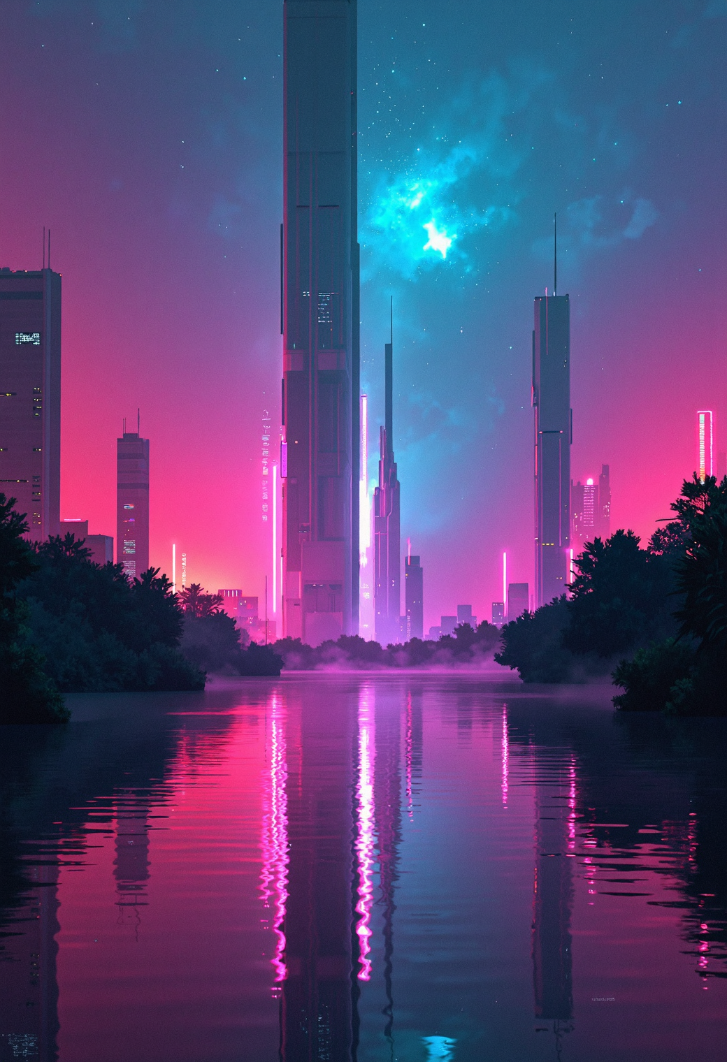 abstract oil painting, gradient vibrant neon colour, rough, textural, broad brush strokes, a futuristic sci-fi city with tall, perfectly reflected in a tranquil, still lake, at night, surreal colours, detailed night sky with stars and nebulas
