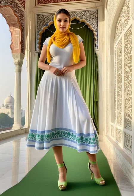 FOTOREALISTIC, Saffron-yellow headscarf, penthouse, beautiful indian_lady, tall, huge_breasts, big_tits, white indian dress decorated with blue wheels (Ashoka Chakra), bottom part of the dress with green decoration, background window_Taj-Mahal,  score_9, score_8_up, score_7_up, score_6_up, score_5_up, score_4_up, UHD, 8K, masterpiece, ultra-realistic, Ultra detailed photorealistic background, photoreal, realistic high detailed beautiful face, anatomic correct bodies, ultra_high_resolution, Extremely Realistic, lots of detail, full_body_visible, emty_hands, hands_hidden, green_sexy_high-heel_boots.