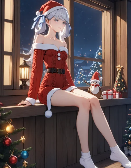 masterpiece, best quality, 8K, very aesthetic, UHD, volumetric lighting, natural lighting, highly detailed, intricate details, 1girl, home clothes, red wool sweater, wool socks, christmas hat, bare shoulders, bare legs, twintails, white eyelashes, white hair, white eyes, lifelike female body, perfect female body shape, narrow waist, side view, sitting on the window sill, huge window, full body, dim light, christmas decorations, firelight, night, cozy wooden house, <lora:Jinhsi_V1.11:0.7>