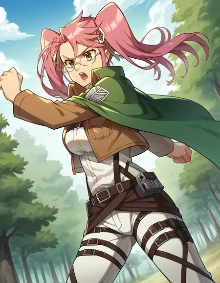 score_9, score_8_up, score_7_up, source_anime, sayatakagi, <lora:saya-takagi-ponyxl-lora-nochekaiser:1>, saya takagi, long hair, ribbon, twintails, brown eyes, hair ribbon, pink hair, glasses, large breasts,, <lora:paradis-military-uniform-ponyxl-lora-nochekaiser:1>, paradis military uniform, belt, cloack, cropped jacket, emblem, green cloak, jacket, long sleeves, pants, shirt, thigh strap, uniform, white pants, white shirt, brown jacket,, outdoors, forest, nature, fighting stance, open mouth, floating, flying,, cowboy shot, dutch angle, solo,