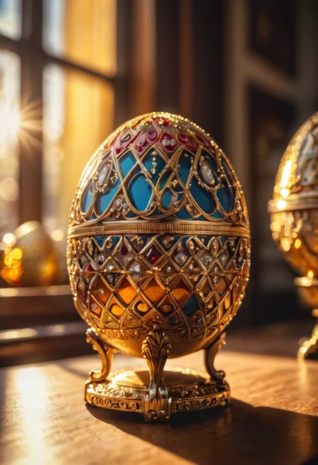 RAW Photograph, Faberge egg, gldnglry, raytracing, sharp focus, 8k, bokeh, hdr, masterpiece, photography, dslr, kodachrome, 35mm photograph, analog film, professional, highly detailed