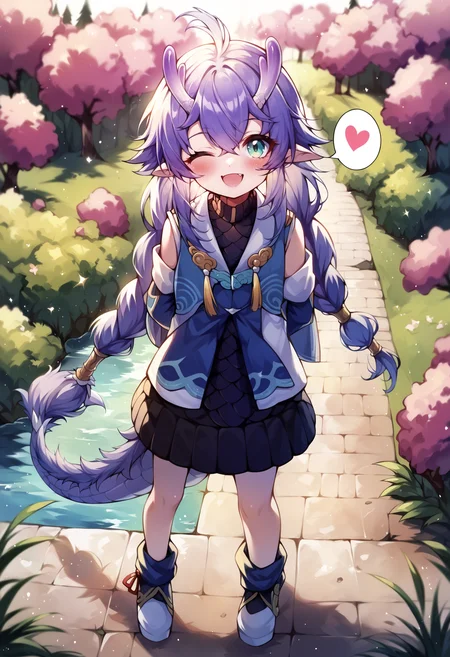 score_9, score_8_up, score_7_up, score_6_up, score_5_up, score_4_up, source_anime, uncensored, zPDXLxxx, <lora:intricate_details:0.5> intricate_details_xl, outdoors, sunlight, sunbeam, river in background, depth of field,
<lora:Bailu_Honkai_Star_Rail_v1.0:1> Bailu, horns, dragon horns, aqua eyes, braid, twin braids, dragon tail, long hair, dragon girl, purple hair, crossed bangs, gourd, dress, short dress, black dress, blue dress, long sleeves, looking at viewer, arms behind back, one eye closed, blush, smile, happy, (head tilt:1.1), spoken heart,