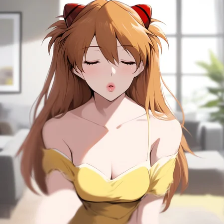 1girl, Asuka Langley, yellow summer dress, medium breasts, cleavage, off shoulder, indoors, living room, solo, full lips, depth of field, blurry background, foreshortening, reaching towards viewer, incoming kiss, puckered lips, closed eyes, face focus