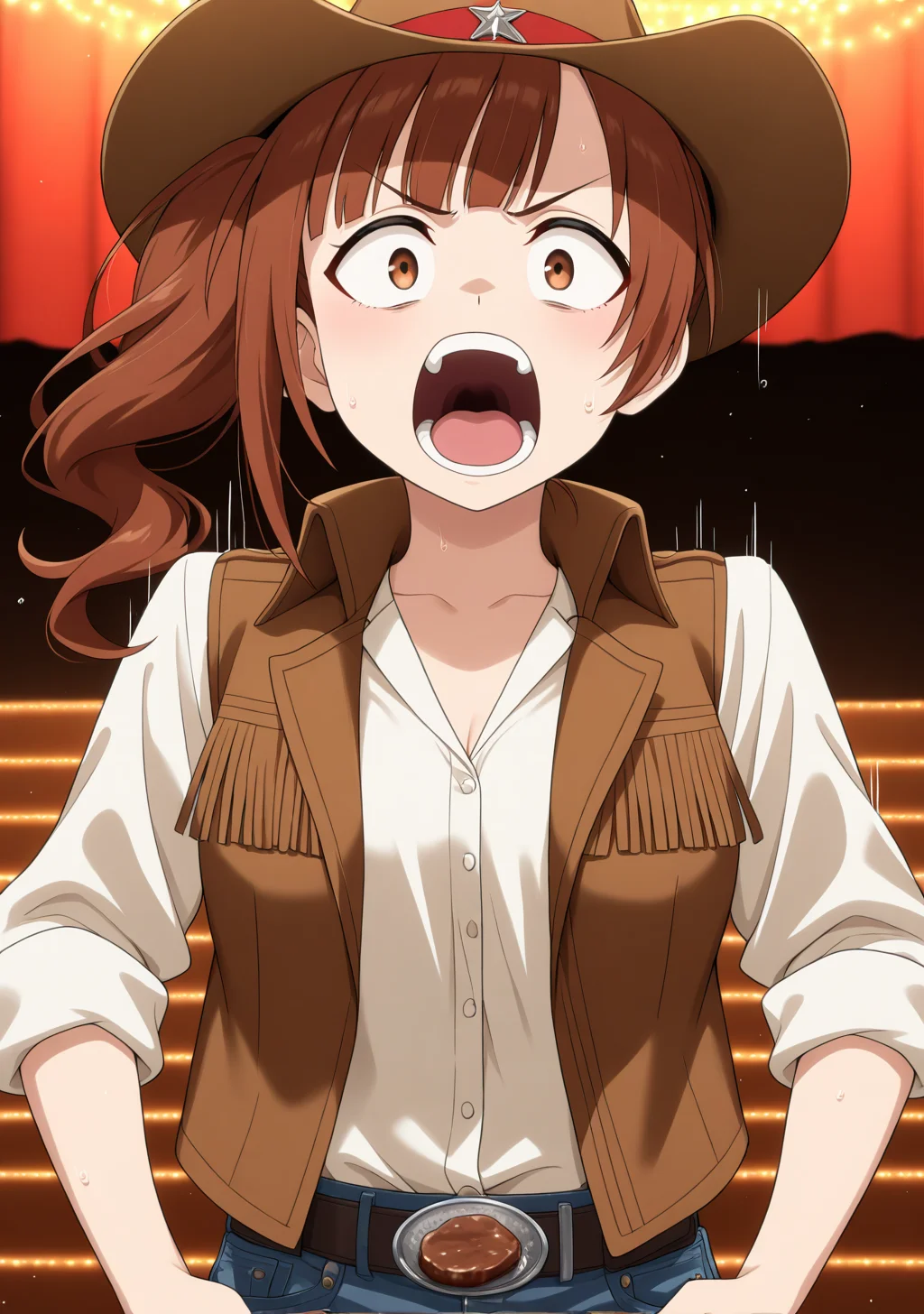 masterpiece, best quality, absurdres, perfect lighting,shiny skin,<lora:StS-Illustrious-Detail-Slider-v1.0:3>,<lora:illustrious_noobai_epsilon_pred_1_best_quality_v1:1>,<lora:anime_screencap-IL v-pred:1>, anime screencap, anime coloring,1girl,igarashi kyoko,brown hair, side ponytail,brown eyes, <lora:igarashi_kyoko:1>,cowboy hat, cowboy western,jeans, sleeves rolled up,upper body, looking at viewer,screaming, constricted pupils, wide-eyed, speed lines, motion lines, crazy eyes, hands in pocket,v-shaped eyebrows,stage,tv show,hamburger steak, steak