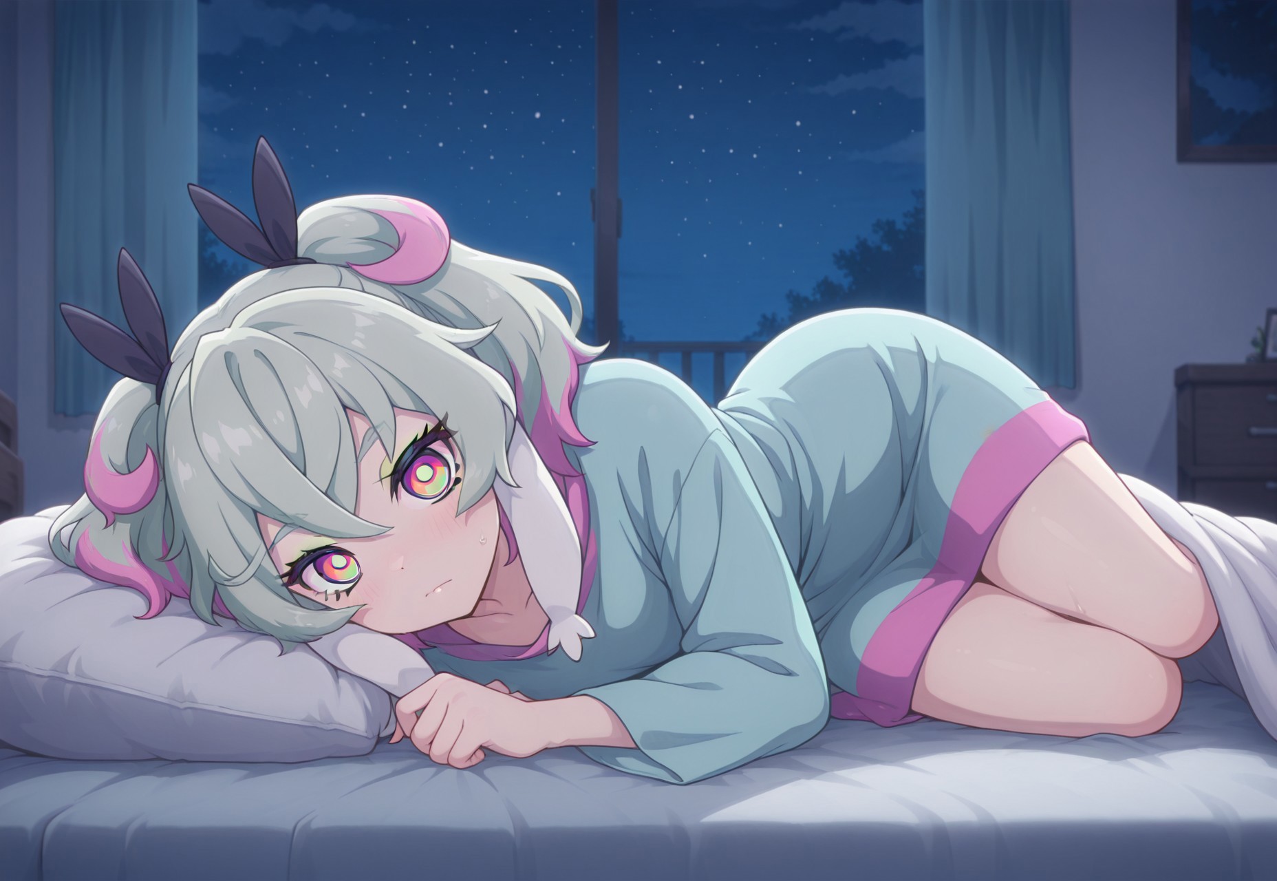 masterpiece,best quality,amazing quality, Pr3me, Multicolored Hair, multicolored eyes, lying, on side, night, indoors, blanket, rabbit ears, looking at viewer, bed, covered by blanket