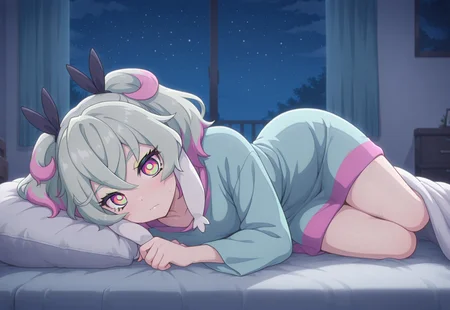 masterpiece,best quality,amazing quality, Pr3me, Multicolored Hair, multicolored eyes, lying, on side, night, indoors, blanket, rabbit ears, looking at viewer, bed, covered by blanket