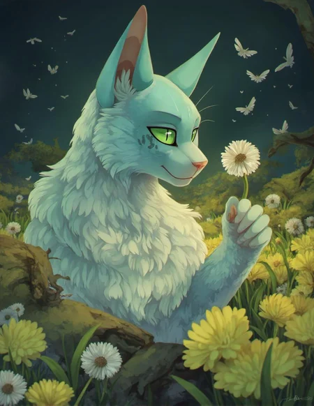 <lora:ck-LttleGhost-000011.safetensors:1> in the style of ck-lttlegh0stA mystical cat cradles a dandelion in its paw, surrounded by a sea of blooming and seeded dandelions that defy the laws of reality. The cat's piercing green eyes hold an air of quiet wisdom as it gazes out from amidst a swirl of creamy yellow petals and snowy seed heads, its fluffy aqua-blue fur seeming to absorb the dim light into its very being.