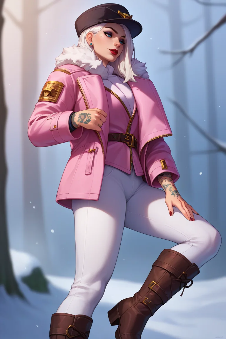 score_9, score_8_up, score_7_up, BREAK, 1girl, solo, <lora:asheow-guy-PONYv1:.9>, asheow, makeup, lipstick, tattoo, jewelry, earrings, hat, fur trim, jacket, winter uniform, pink jacket, white pants, boots, depth of field, long jacket,