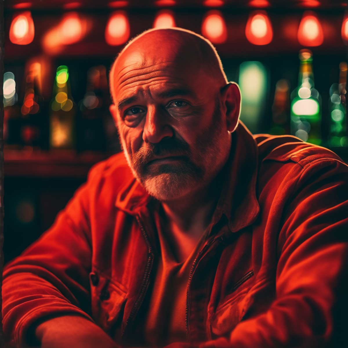 velumia close up straight-on portrait at a tablein the bar with beer, an old fat man with little facial hair and scars on his face at night, cinematic, professional photo, very detailed red light <lora:velumia:1>