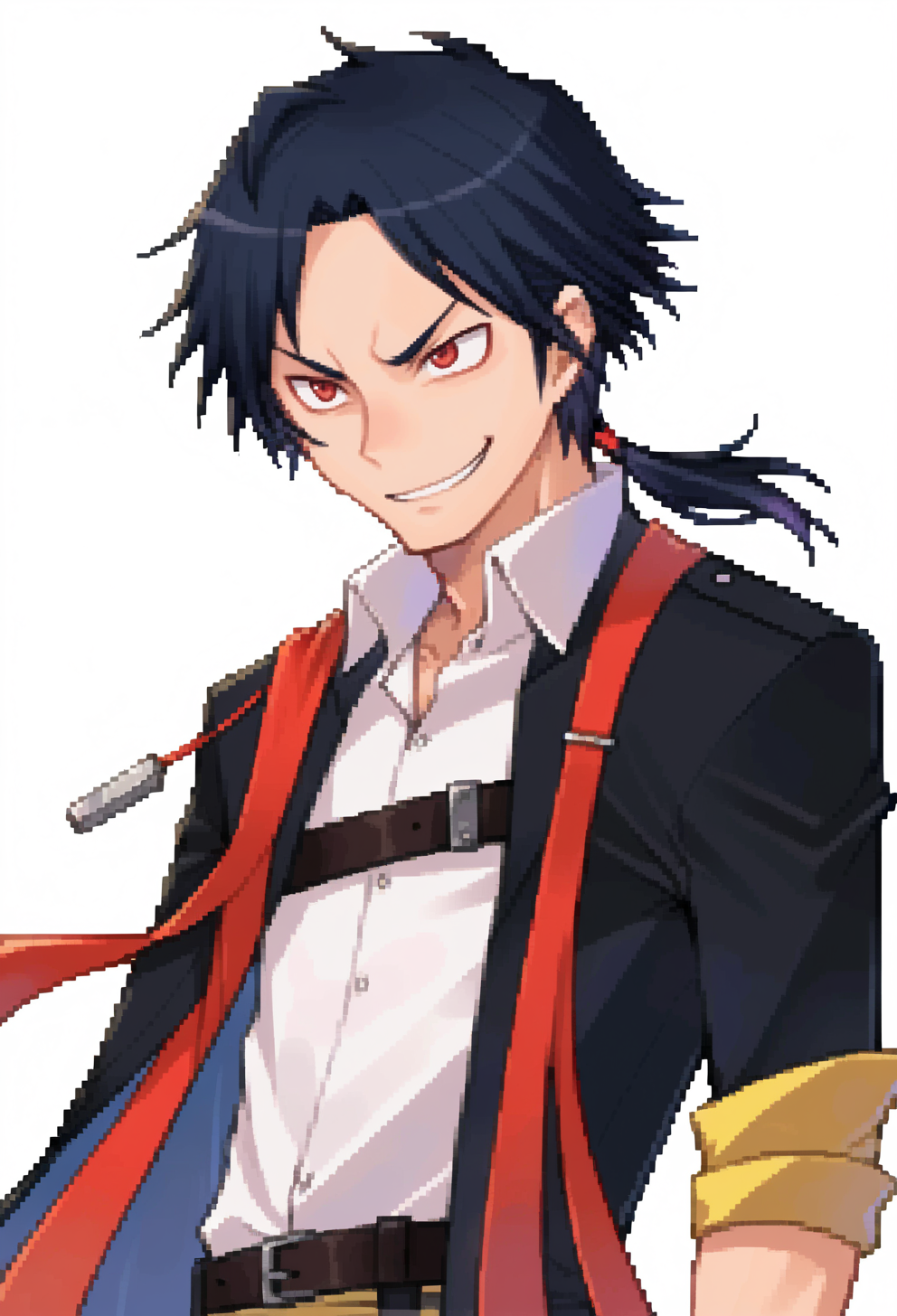 score_9, score_7_up, source_anime, solo, BREAK  <lora:zs_DevilSurvivorPortraitsXL:1> devilsurvivorportraits, portraits, white background, male focus,, smug smile, 1boy, red eyes, tsurime, black hair, parted bangs, hair intakes, ponytail, short hair with long locks, very long bangs, jacket on shoulders, black coat, dress shirt, sleeves rolled up, fingerless gloves, pants, belt, multiple belts, combat boots, shoulder holster, chest belt,