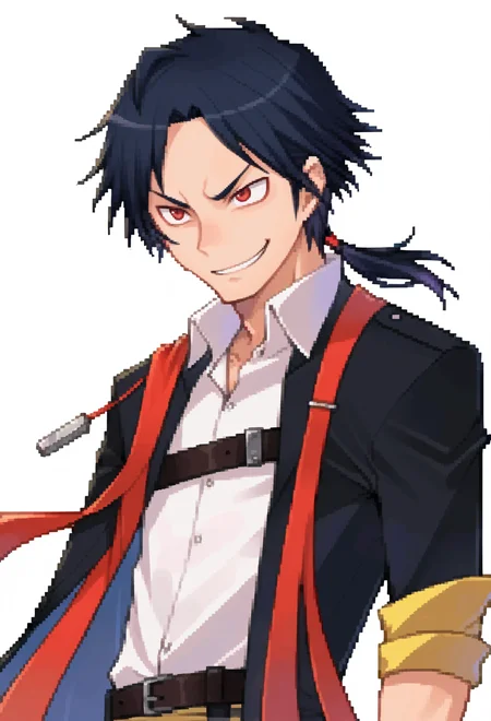 score_9, score_7_up, source_anime, solo, BREAK <lora:zs_DevilSurvivorPortraitsXL:1> devilsurvivorportraits, portraits, white background, male focus,, smug smile, 1boy, red eyes, tsurime, black hair, parted bangs, hair intakes, ponytail, short hair with long locks, very long bangs, jacket on shoulders, black coat, dress shirt, sleeves rolled up, fingerless gloves, pants, belt, multiple belts, combat boots, shoulder holster, chest belt,