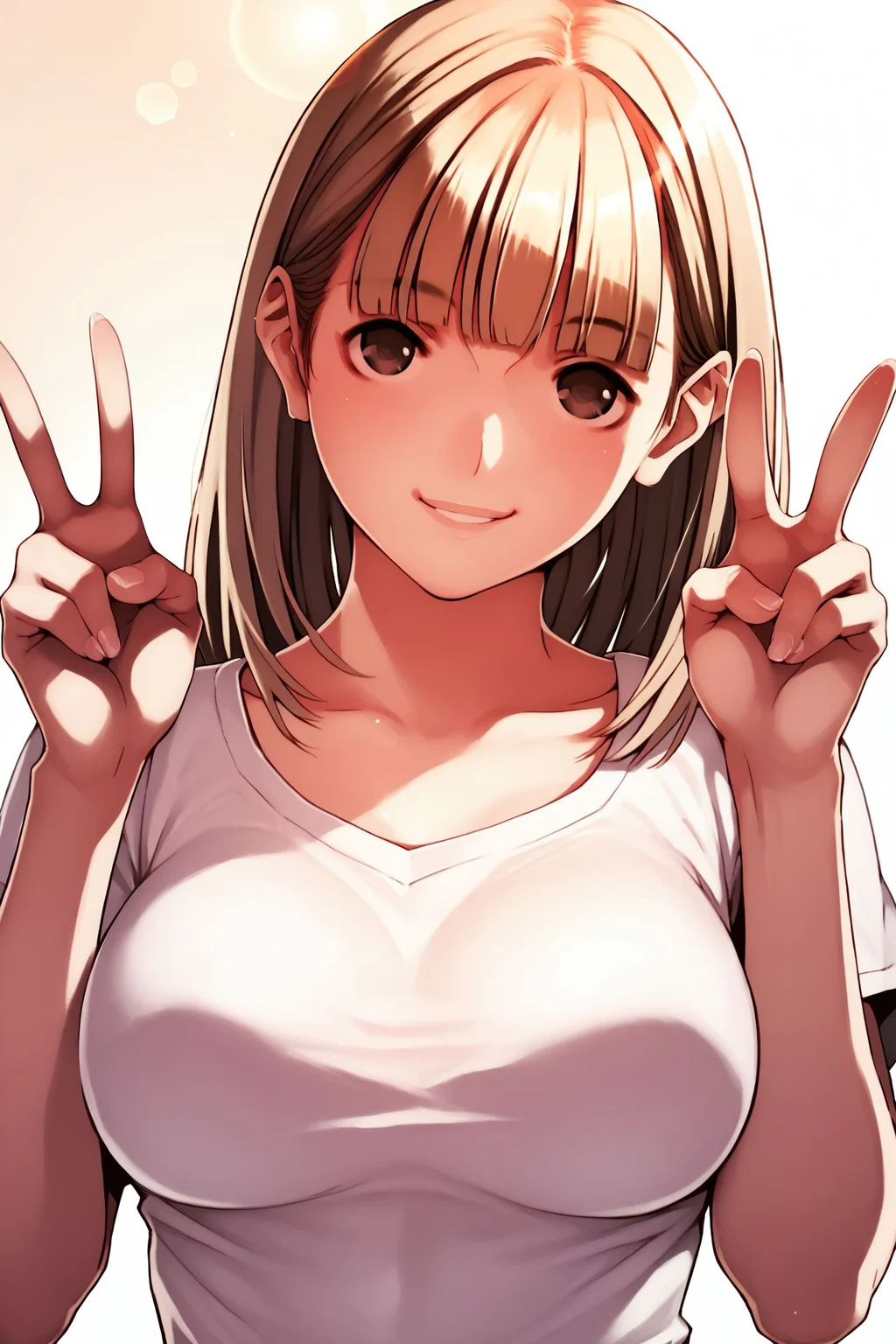 score_9, score_8_up, score_7_up, 1girl, smile, beige hair, short_fringe, dark_brown eyes, large breasts, double_v, lens flare <lora:mino_tarou_loveplus_PonyXL_style_v01:1>