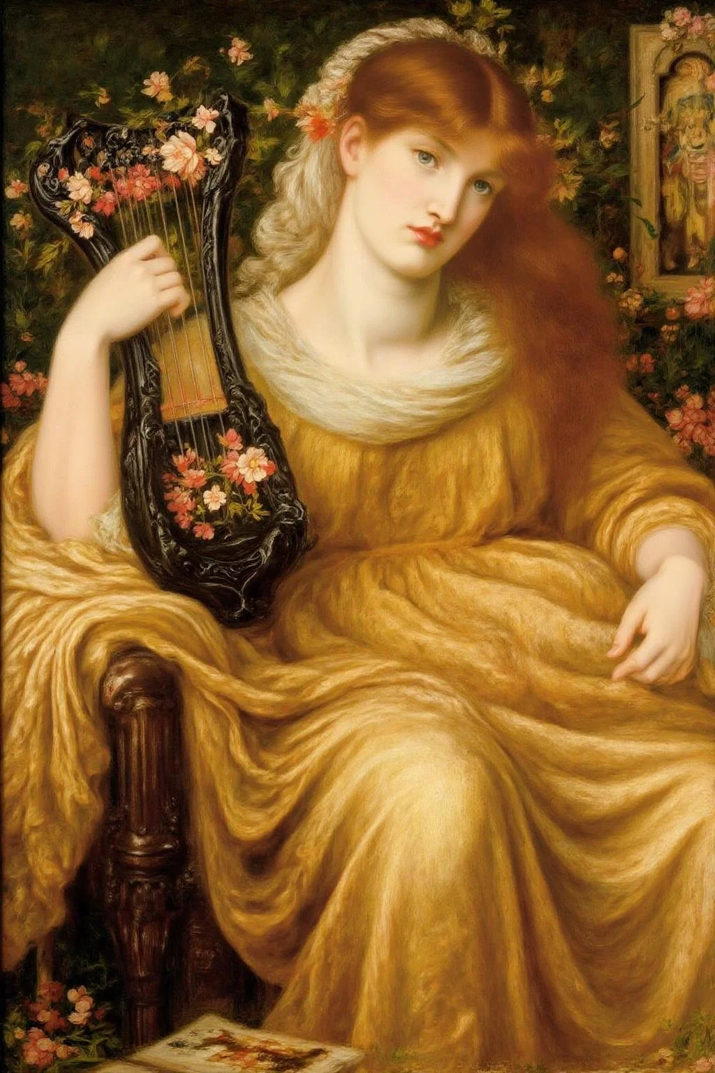 dgr painting.
A young woman with long, flowing auburn hair, dressed in a flowing, golden-yellow and cream-colored robe, reminiscent of ancient Greek or Renaissance attire. She is seated, holding a black, intricately carved harp with her right hand, adorned with delicate, stylized flowers and leaves.
<lora:dgr1_cap_d6a3e8:1.0><lora:819488225740481146:0>