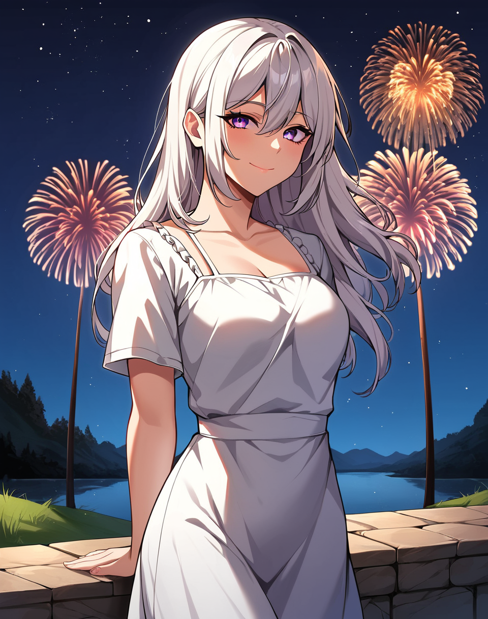 lucy_mayreel, white hair, long hair,  purple eyes, loose hair, manhwa, white dress, short sleeves, elegant dress, BREAK  outdoors, bridge, medieval, night, stars, fireworks, detailed background,  BREAK looking at viewer, sexy face, sexy smile, closed mouth, cowboy shot, arms behind back  BREAK score_9, score_8_up, score_7_up, source_anime ,zPDXL, perfect hand,<lora:Lucy_Mayreel_r1:0.8>