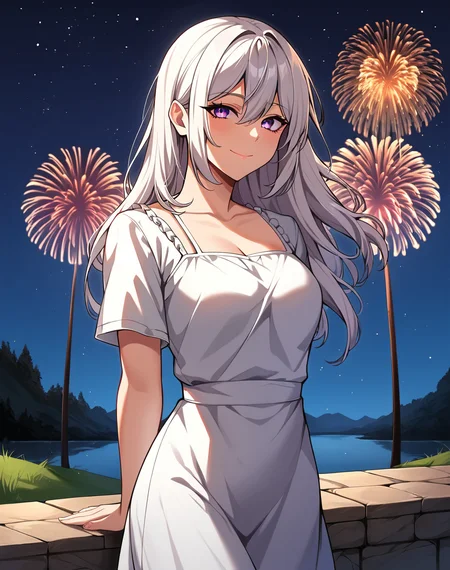 lucy_mayreel, white hair, long hair, purple eyes, loose hair, manhwa, white dress, short sleeves, elegant dress, BREAK outdoors, bridge, medieval, night, stars, fireworks, detailed background, BREAK looking at viewer, sexy face, sexy smile, closed mouth, cowboy shot, arms behind back BREAK score_9, score_8_up, score_7_up, source_anime ,zPDXL, perfect hand,<lora:Lucy_Mayreel_r1:0.8>