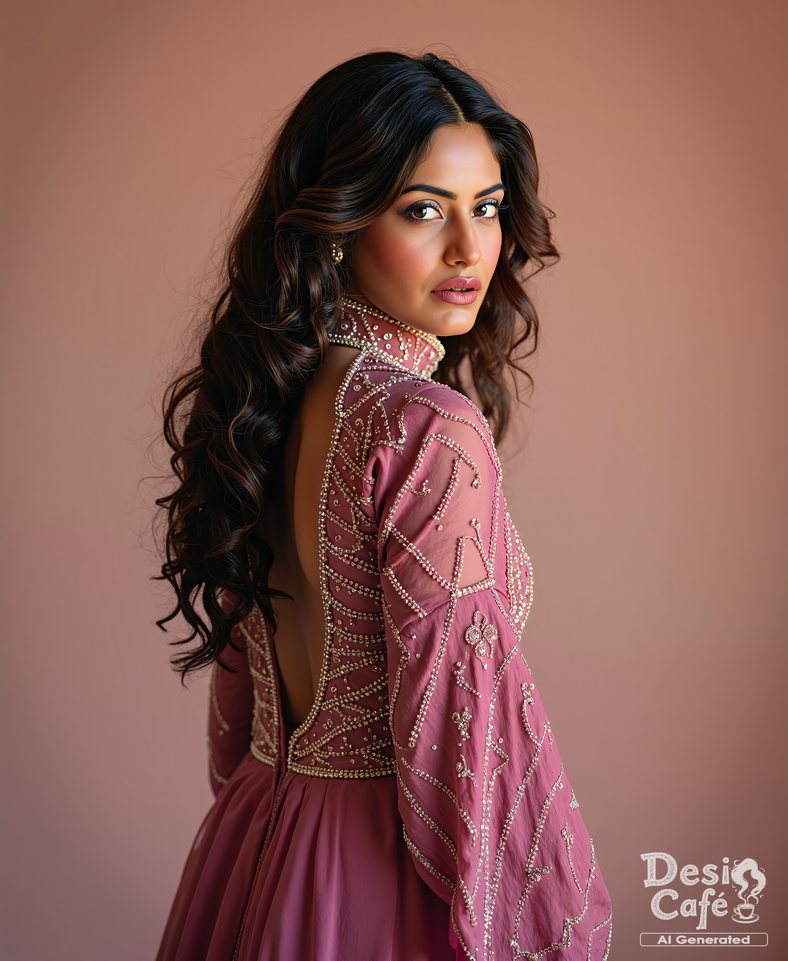 from behind,looking back photo of Surabhi Chandna woman, hyper realistic photo that is safe for work, angry, studio quality image with natural colors, well dressed wearing intricate turtleneck Mauve Anarkali Suit, hair styled as  90s blowout,muted pastel shaded multicolored background that contrasts with the person, cinematic lighting,âââââ âââ  <lora:Surbhi_Chandna_Flux_Kohya_V1:1>âââ