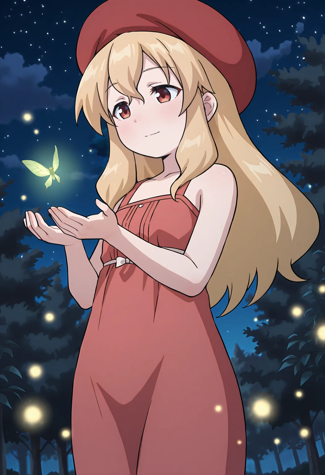 best quality, amazing quality, perfect quality, high quality, masterpiece, absolutely eye-catching BREAK
<lora:Ika_Musume_-_Kozue_Tanabe:1> IkaKozue, red eyes, blonde hair, long hair, long sidelocks, double-parted bangs BREAK
red beret, red sundress, long dress, bare shoulders BREAK
outdoors, forest, night sky, fireflies BREAK
1girl, solo, outdoors, standing, cupping hands, holding firefly, dutch angle, looking down, light smile, underlighting, cowboy shot, from below