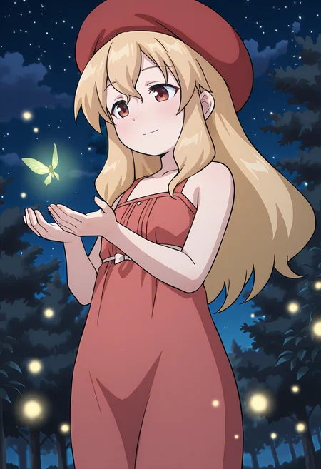 best quality, amazing quality, perfect quality, high quality, masterpiece, absolutely eye-catching BREAK
<lora:Ika_Musume_-_Kozue_Tanabe:1> IkaKozue, red eyes, blonde hair, long hair, long sidelocks, double-parted bangs BREAK
red beret, red sundress, long dress, bare shoulders BREAK
outdoors, forest, night sky, fireflies BREAK
1girl, solo, outdoors, standing, cupping hands, holding firefly, dutch angle, looking down, light smile, underlighting, cowboy shot, from below