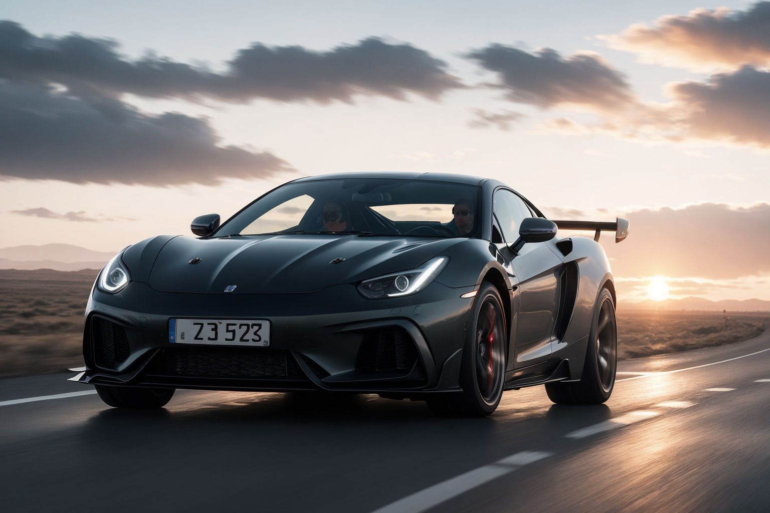 photo of a supercar, 8k uhd, high quality, road, sunset, motion blur, depth blur, cinematic, filmic image 4k, 8k with [George Miller's Mad Max style]. The image should be [ultra-realistic], with [high-resolution] captured in [natural light]. The lighting should create [soft shadows] and showcase the [raw] and [vibrant colors], volumetric dtx, depth blur, blurry background, bokeh, (motion blur:1.001)