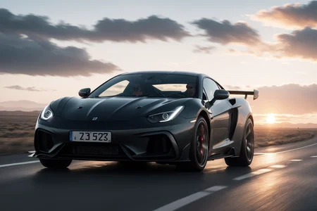 photo of a supercar, 8k uhd, high quality, road, sunset, motion blur, depth blur, cinematic, filmic image 4k, 8k with [George Miller's Mad Max style]. The image should be [ultra-realistic], with [high-resolution] captured in [natural light]. The lighting should create [soft shadows] and showcase the [raw] and [vibrant colors], volumetric dtx, depth blur, blurry background, bokeh, (motion blur:1.001)