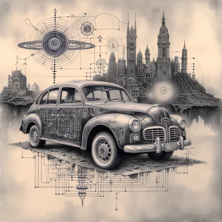 ampereart ink drawing of an old car with an electrical diagram, a surreal city in the background <lora:ampereart:1>