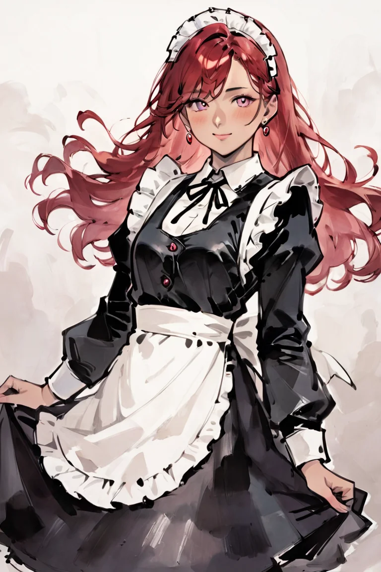 score_9, score_8_up, score_7_up, score_6_up, score_5_up, score_4_up, rating_safe, 1girl, breasts, solo, blush, maid headdress, maid, looking at viewer, smile, grey background, simple background, apron, red hair, long hair, small breasts, closed mouth, pink eyes, long sleeves, earrings, jewelry, maid apron, spot color, dress <lora:Ink Style LoRA XL:1>