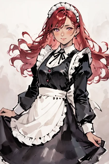 score_9, score_8_up, score_7_up, score_6_up, score_5_up, score_4_up, rating_safe, 1girl, breasts, solo, blush, maid headdress, maid, looking at viewer, smile, grey background, simple background, apron, red hair, long hair, small breasts, closed mouth, pink eyes, long sleeves, earrings, jewelry, maid apron, spot color, dress <lora:Ink Style LoRA XL:1>