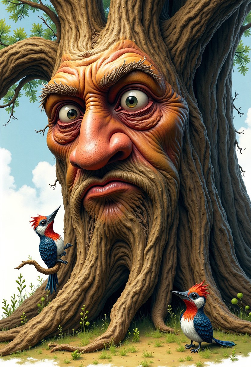 an illustration of a massive oak with a very detailed stern face with no cheeks, chin or forehead. A silly looking woodpecker straight pointy beak and large white googly eyes sits on the tree trunk.