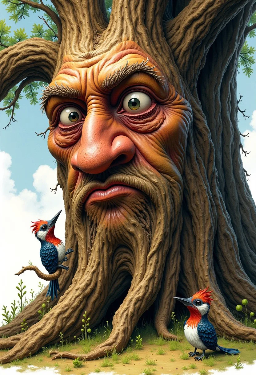 an illustration of a massive oak with a very detailed stern face with no cheeks, chin or forehead. A silly looking woodpecker straight pointy beak and large white googly eyes sits on the tree trunk.