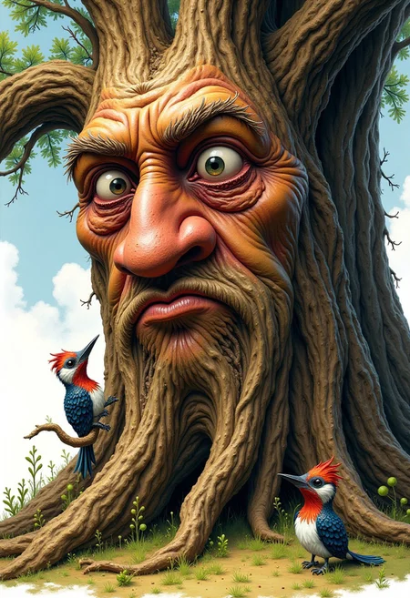 an illustration of a massive oak with a very detailed stern face with no cheeks, chin or forehead. A silly looking woodpecker straight pointy beak and large white googly eyes sits on the tree trunk.