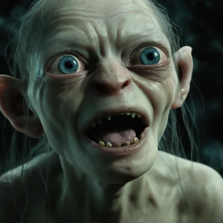 cinematic film still of <lora:The Lord of the Rings style:1>
In a Fantasy Middle-earth world in the dark ages Gollum Smeagol Andy Serkis a close up of a person with a weird face,1girl,solo,looking at viewer,open mouth,teeth,portrait,realistic,old,horror (theme),old woman , dramatic light, dramatic shadow light, film contrast, cinematic film color, cinematic film look, filmic, realistic, realism, perfection, perfect, movie still, fantasy drama, epic drama, fictional, Age of Wonders, Age of Empires, warriors, Medieval style, middle ages, dungeons and dragons style, different people, different, unique, kingdoms and castles, violent, aggressive, detailed, perfection, detailed face, detailed body, detailed hands, detailed eyes, sharp, horror themed, dark themed, epic fantasy adventure film style, Legendary, mythical, The Lord of the Rings style, shallow depth of field, vignette, highly detailed, high budget, bokeh, cinemascope, moody, epic, gorgeous, film grain, grainy