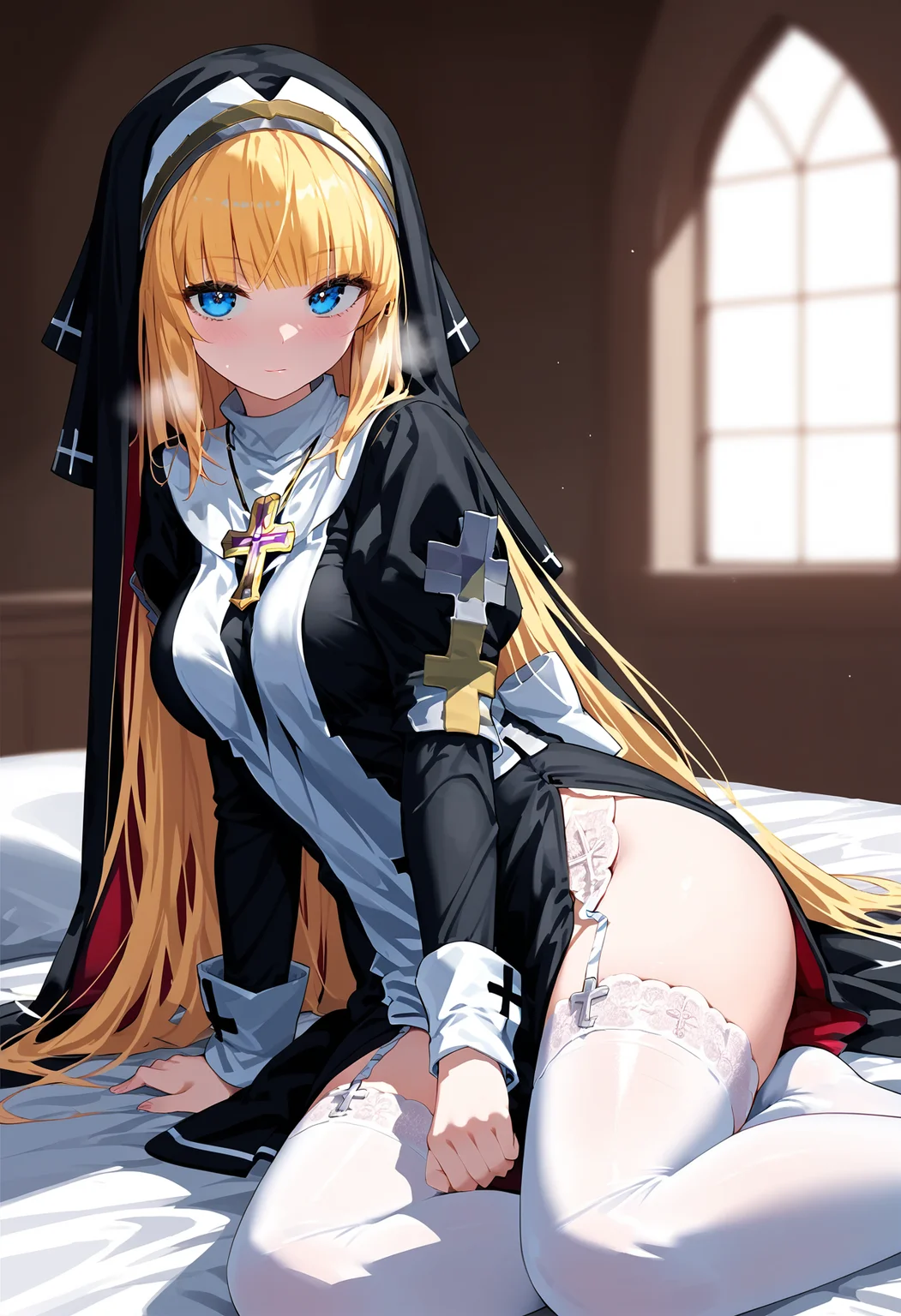 score_9, score_8_up, score_7_up,source_anime,rating_explicit,uncensored,anatomically correct,best perspective BREAK
1girl, <lora:FutsumaShoujoCharlotte:1> futsumashoujocharlotte, large breasts. long hair, blunt bangs,blonde hair, blue eyes, nun, long sleeves, white thighhighs, cross, garter straps,
solo, indoors, on bed,