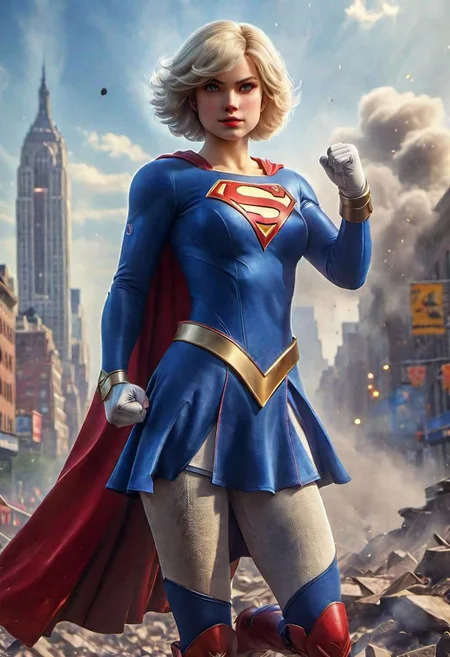 (masterpiece),
powergirl-8100,
blonde, wearing spcc costume with cape,
cute face,
fullbody,
HDR, highly detailed, 32k, amazing quality,
New York background, ultra detailed, , smoke, dust Particles,stylized by Hans Zatzk, vibrant Ray,