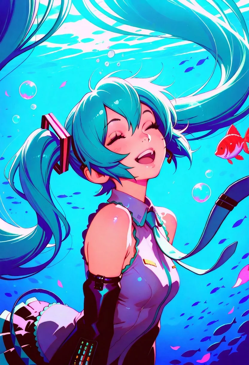ilya kuvshinov,
masterpiece,best quality,amazing quality,
1girl,aqua hair,bubble,closed eyes,detached sleeves,fish,floating hair,hatsune miku,long hair,necktie,open mouth,petals,smile,solo,traditional media,twintails,underwater,very long hair,water,