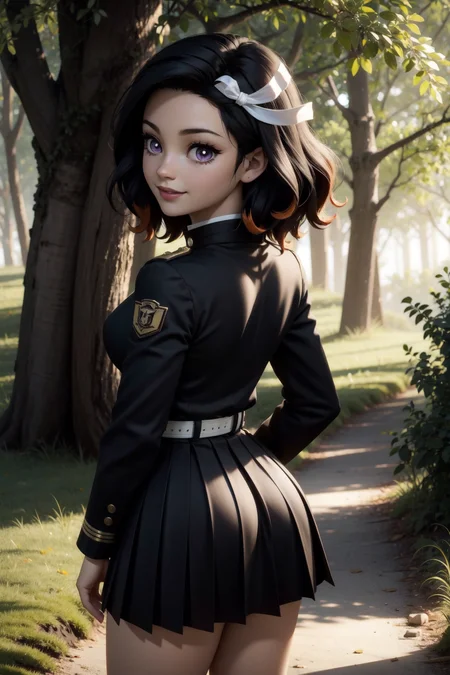 nezukorps, 1girl,solo,purple eyes, white pupils, black hair,(medium hair:1.1),two-tone hair,(looking at viewer:1.1),dappled sunlight,demon slayer uniform,black jacket, black pleated skirt,pink hair ribbon,white belt, cowboy shot,japanse forest,from behind, looking back,outdoors,smile,nature.small breasts,from above,(Maya 3d render:1.05), (masterpiece:1.3), (hires, high resolution:1.3), subsurface scattering <lora:nezukorps_v1:1>