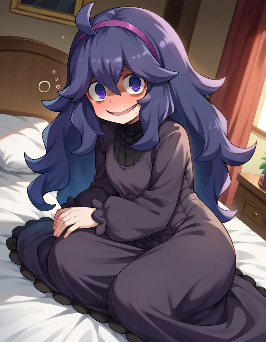 score_9, score_8_up, score_7_up, source_anime,
hexmaniac, <lora:hex-maniac-ponyxl-lora-nochekaiser:1>
hex maniac, hairband, messy hair, purple eyes, purple hair, purple hairband, @ @,
black dress, dress, long dress, long sleeves, juliet sleeves,
indoors, bed, bed room, on side, blush, drunk,
looking at viewer, cowboy shot, dutch angle,