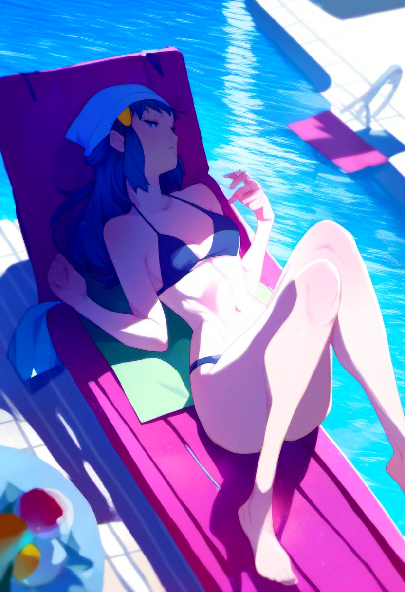 source_cartoon, rating_safe, <lora:Rainwater_SDXL_Pony:1>, dawn_\(pokemon\), lying on a pool chair by a swimming pool, bikini, score_9, score_8_up, score_7_up, score_6_up, score_5_up, score_4_up