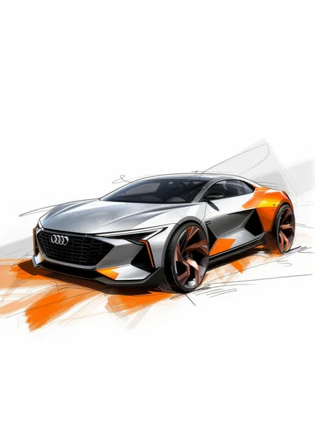 a moder futuristic Audi car, silver and orange color, rough color sketch style, concept design, rough sketch, color sketch