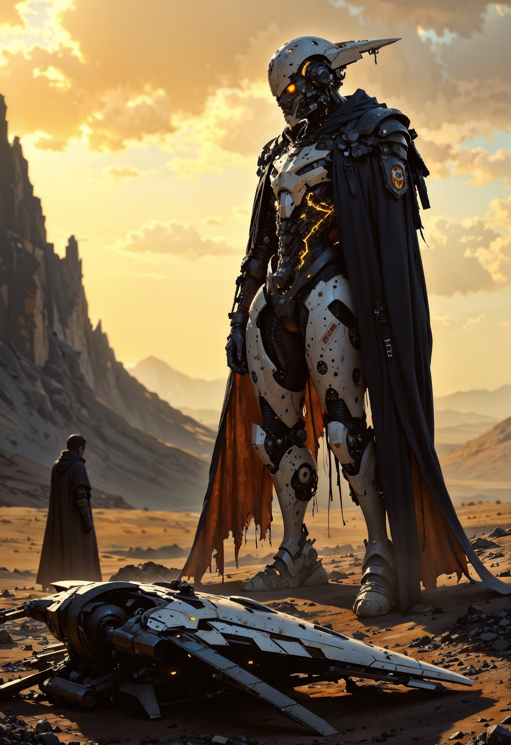 (in Krenz Cushart style:1.4), high-quality, masterpiece, Photo of a cyborg with a cracked mechanical spine, alone on a desolate battlefield, their glowing eyes scanning the horizon, a half-destroyed war drone lies beside them, Style is Sci-fi with war-torn elements, Lighting is Harsh with strong shadows from the setting sun, High contrast, wide-angle shot, cinematic lighting, battle scars, (elaborately detailed attire with extraordinary elements:1.1), (hyperdetailed:1.1), (intricate details:1.0), (Refined details:1.1), (best quality:1.1), (high resolution:1.2)