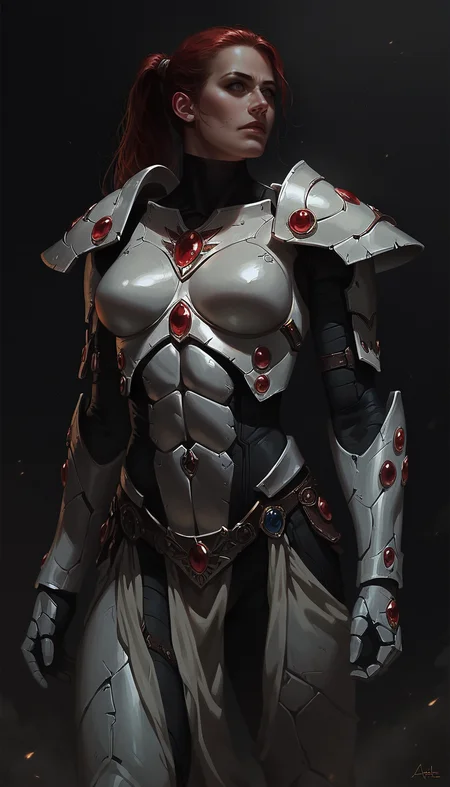 score_9, score_8_up, score_7_up, stubble, 1girl, fit body, slim, Aeldari armor, streamlined armor, full body armor, power armor, wh40k, dynamic pose, white armor, gems, perfect face, detailed eyes, red hair, ponytail,
<lora:Concept Art DarkSide Style LoRA_Pony XL v6:0.7> concept art, realistic, dark theme, low light,
<lora:Aeldari_-_Eldar_armor_WH40K-000007:0.8>