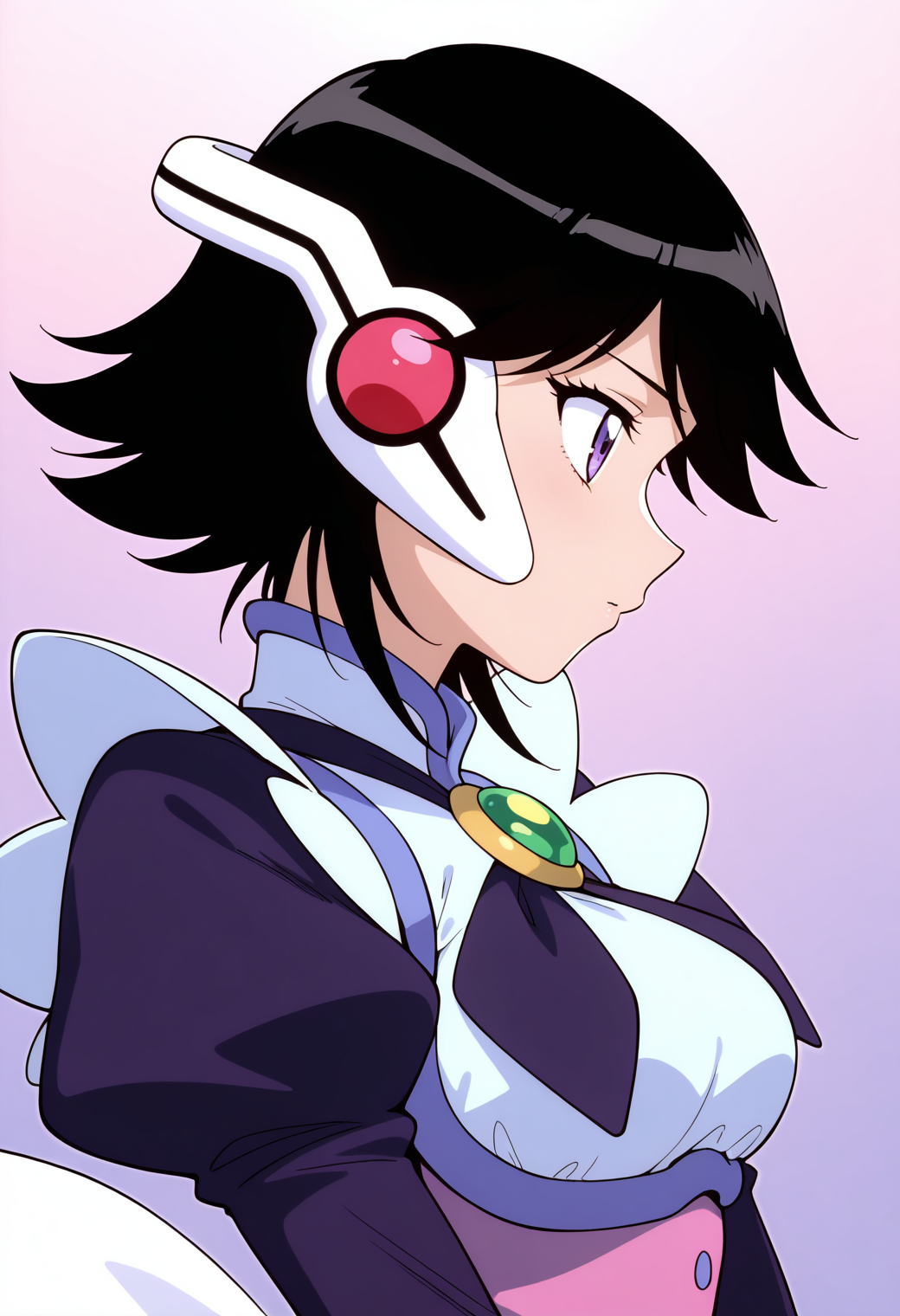 masterpiece, best quality, very aesthetic, absurdres, 1girl, solo,
<lora:corrector_ai_fairy_v01:0.9>, corrector_ai, fairy_element_suit, black hair, short hair, purple eyes, breasts,
magical girl, headgear, dress, long sleeves, puffy sleeves, brooch, bow, profile, upper body