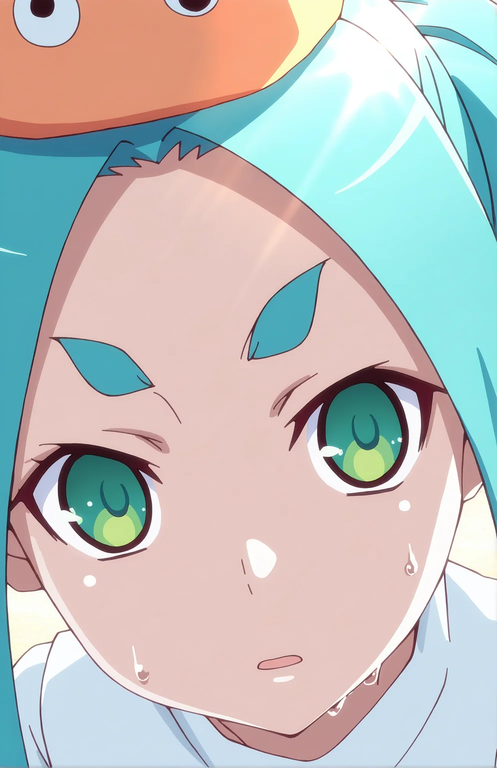 OnonokiYotsugi. 1girl, solo, aqua hair, twintails, green eyes, orange hat, ((oversize white t-shirt, sweat)), short sleeves, beach, sun, face focus, front view,