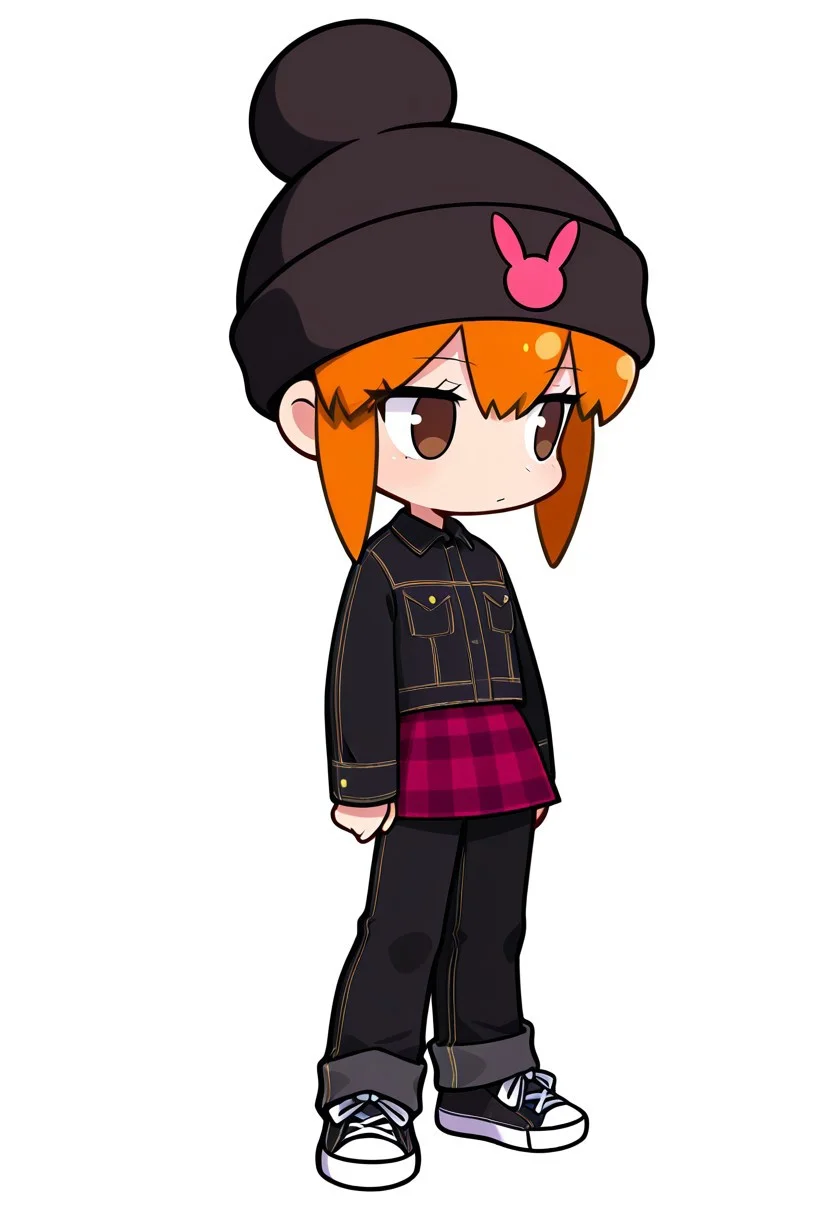 masterpiece, best quality, absurdres, shanspritestyle, chibi, 1girl, solo, female focus, usagi_kurokawa, brown eyes, beanie, black headwear, hat ornament, orange hair, bangs, short hair, sidelocks, short hair with long locks, denim jacket, black jacket, collared jacket, breast pocket, long sleeves, skirt, plaid skirt, pants under skirt, black jeans, jeans, sneakers, black footwear, standing,