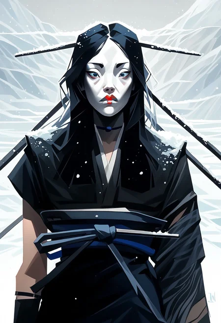 score_9,score_8_up,score_8,score_9,(((pastel colors, high contrast,expressiveh,solo focus, ))), (1girl)  rimlight, Asian, White face, Kuroku, white Japanese clothes, white clothes, white background, long hair, black hair, red lipstick, hair ornament, museum background, blue sash, kimono, holding kunai, one sleeve,  snowing, large blue eyes, one sleeve,museum, curvy, wide hips, gorgeous face,