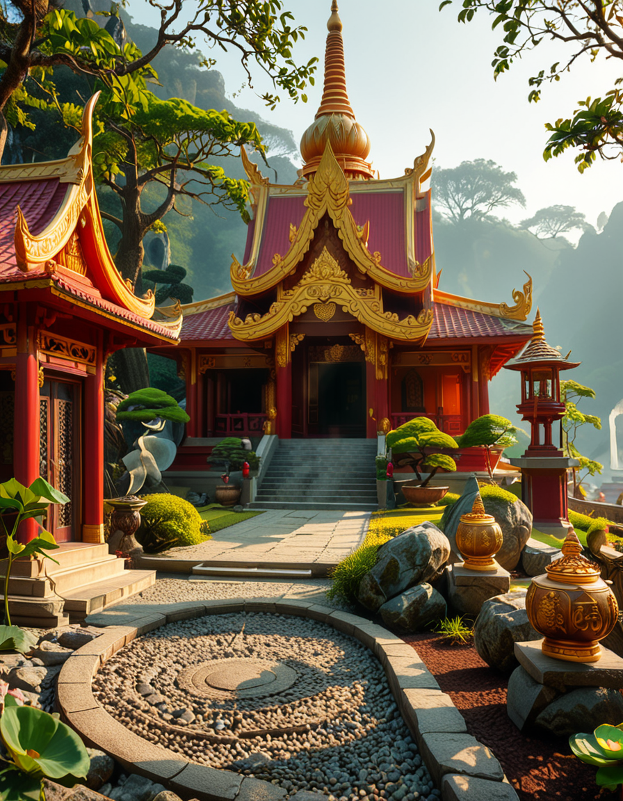 A majestic Buddhist temple nestled in a lush, misty mountain landscape. The temple features traditional curved rooftops with golden ornaments, intricate wooden carvings, and red and gold-painted walls. Large prayer flags in vibrant colors flutter in the wind, adding a spiritual atmosphere. A long stone staircase, partially covered in moss, leads to the main entrance, where a pair of large guardian statues stand watch. The scene is bathed in soft morning light, with gentle rays filtering through the mist, creating a serene and mystical ambiance. The background consists of towering green mountains and a sky with soft pastel hues. In the foreground, a Buddhist monk in deep orange robes walks peacefully along a stone pathway, holding a string of prayer beads. The overall composition conveys a sense of tranquility, spirituality, and harmony with nature.
<lora:SDXLFaeTastic2400:0.4> <lora:extremely_detailed:0.4> extremely detailed,<lora:Buddhist_t3mpl3:1>,Buddhist t3mpl3, Masterpiece,best quality,hi res,8k,hi res,8k,award winning,(sharp focus, intricate, highly detailed),