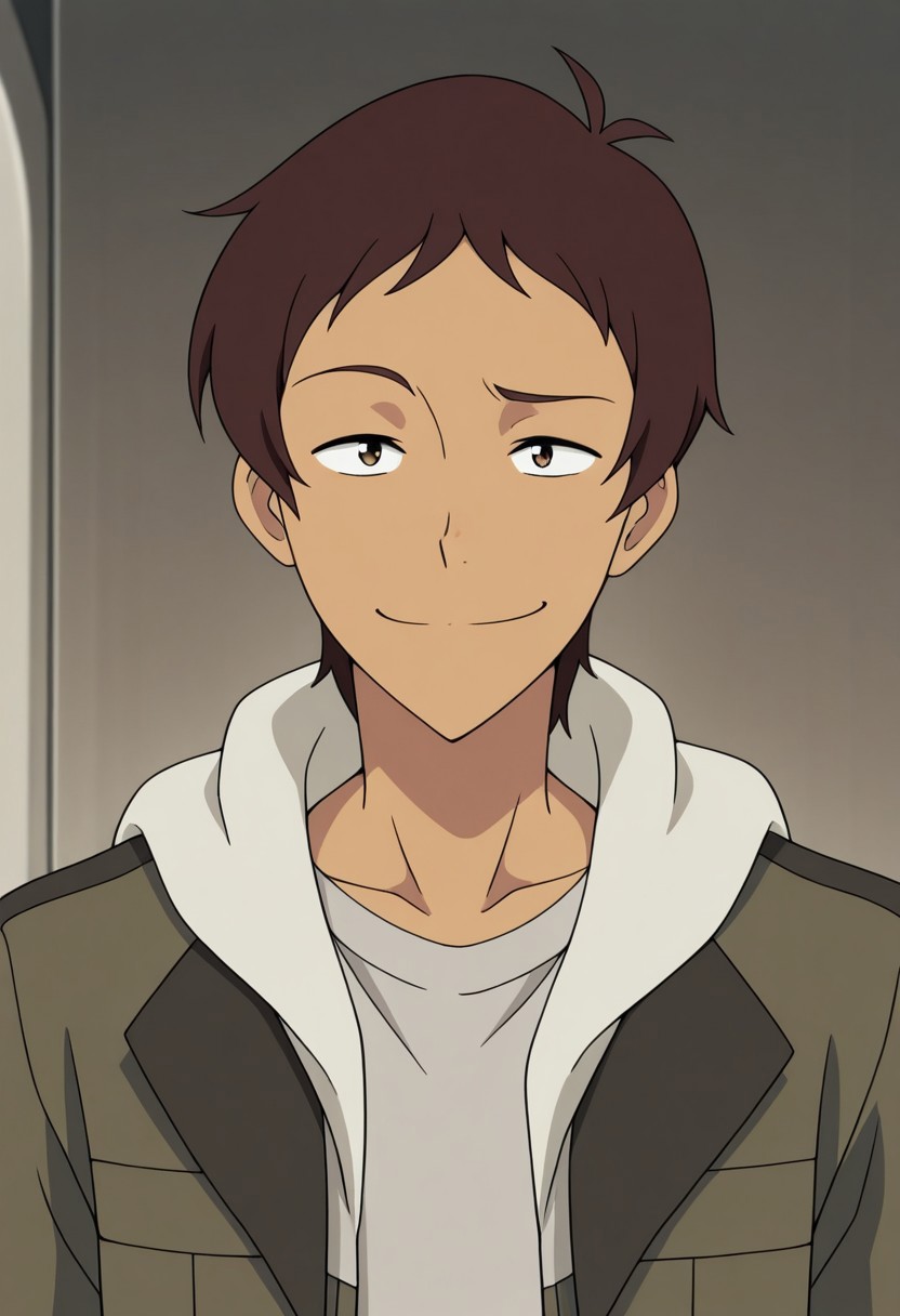 masterpiece,best quality,amazing quality, source_anime, 
lanciuv, 1boy, male focus, solo, dark skin, dark-skinned male, brown hair, forehead, shirt, grey shirt, jacket, green jacket, hood, open jacket, smile, portrait, looking at viewer,