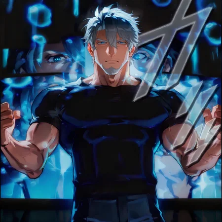 <lora:illustrious_XL_kaxtu:1>, kaxtu, cowboy shot, fighting stance, 
<lora:face_phainon:.7>, phainon,white hair,short hair,hair between eyes,blue eyes
(very short hair, beard, bara, mature, facial hair, stubble, beard, full beard, sideburn, beard, a lot of beard, ), facial hair,male focus, muscular male, muscular male, bara, mature,  bara, mature, aixiwuganda_(20222192), very awa, masterpiece, best quality, absurdres, newest, perfect quality, detailed background, intricate details,
<lora:slider_Body Type_alpha1.0_rank4_noxattn_last:3><lora:style_Anime Summer Days 2 Style SDXL_LoRA_Pony Diffusion V6 XL:.6><lora:slider_cfg_scale_boost:.7><lora:Artist6p:.55>, Artist6p, Artist04p,<lora:slider_il_brightness_slider_d1:-1><lora:slider_il_contrast_slider_d1:-1><lora:slider_DarkSlider1.2_alpha1.0_rank16_full_300steps:-.6>