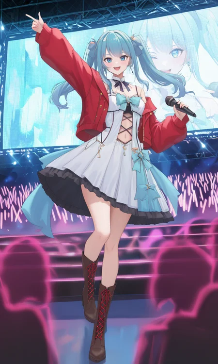 ((masterpiece, best quality, absurdres, highres, newest, very aesthetic, extremely detailed, very awa, year 2024, detailed background, perfect anatomy, surreal)),year 2023,<lora:lora-SEPTYA>,<lora:illustrious_noobai_epsilon_pred_1_masterpieces_v1:0.4>,<lora:UnifiedTheory:0.5>,<lora:Lirusso_Vtuber_1622999:0.8>,liruv1,(24 yo:0.8),24 year old girl,1girl,long hair,bangs,clothing cutout,bare shoulders,navel,twintails,virtual youtuber,blue eyes,frills,earrings,dress,blue bow,white dress,looking at viewer,blue bow,
masterpiece,best quality,8k resolution,anime idol girl,vibrant stage performance,colorful idol outfit with rainbow frilled skirt,red jacket with gold buttons,red lace-up boots,holding microphone,energetic pose,big smile,large LED screen background with her face,glowing lights,cheering crowd,futuristic concert stage,neon signs,high detail,vivid colors,4K,masterpiece,dynamic lighting,anime artstyle,