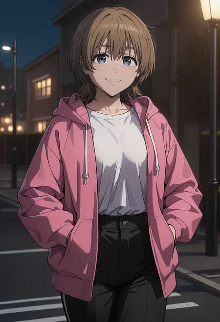best quality, amazing quality, perfect quality, high quality, masterpiece, absolutely eye-catching BREAK
<lora:WIND_BREAKER_-_Mio_Tsuchiya:1> WindMio, blue eyes, brown hair, short hair, choppy bangs, small breasts BREAK
pink hoodie, hood down, white t-shirt, blank shirt, shirt tucked in, black pants BREAK
outdoors, street, street lights BREAK
1girl, solo, walking, hands in pocket, smile, looking at viewer, cowboy shot, dutch angle